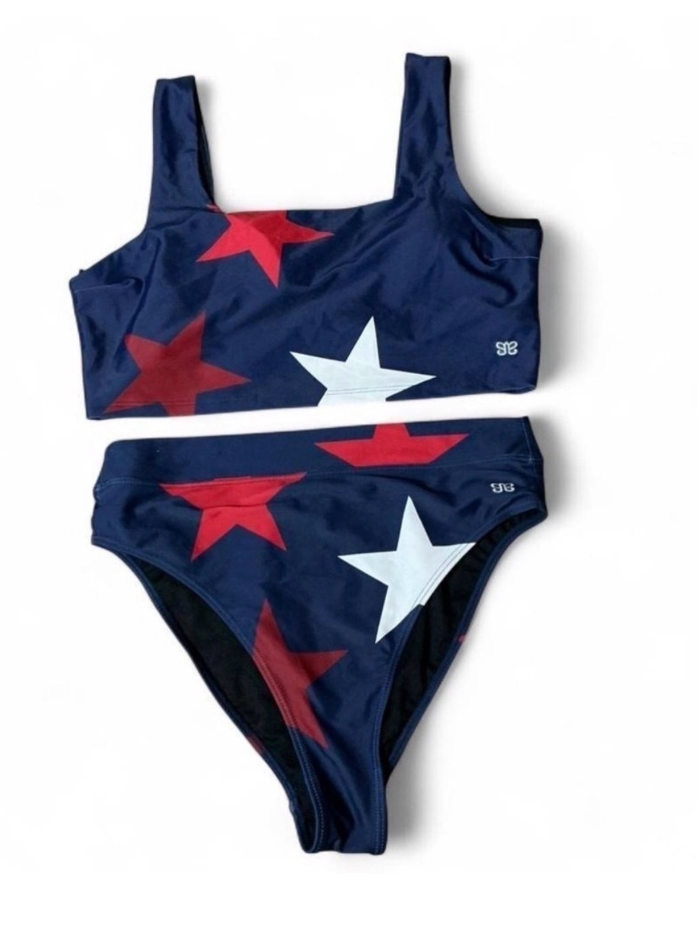 Albion Fit Womens Navy Blue Red White Star Print High Waisted Bikini Set Large
